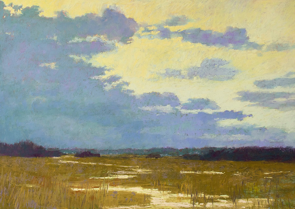 Pastel painting of a cloudy sky over a marshy area