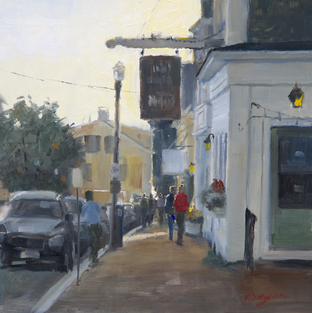 Oil painting of a city sidewalk scene