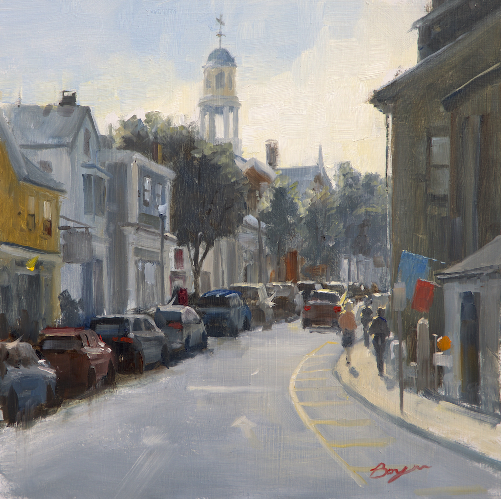 Oil painting of a city street with buildings and cars parked and a church in the background