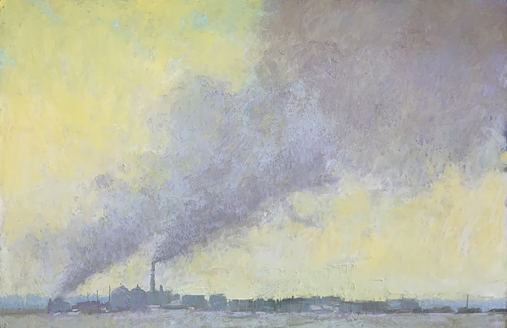 Pastel painting of smokestacks on buildings billowing smoke in the far distance