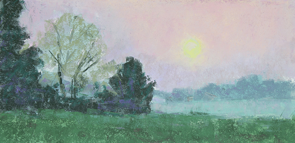 Pastel painting of a green grass and trees with a sunrise on a hazy morning