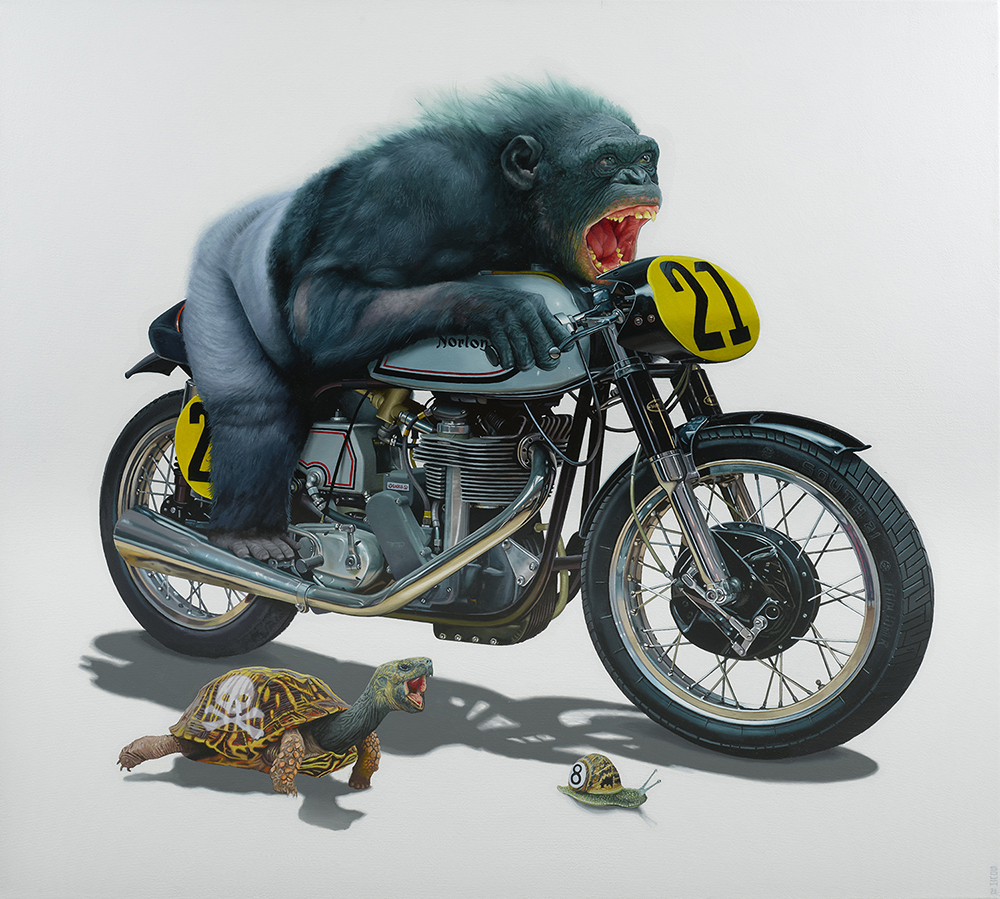 Acrylic and oil painting of a chimpanzee on a motorbike racing a turtle and a snail