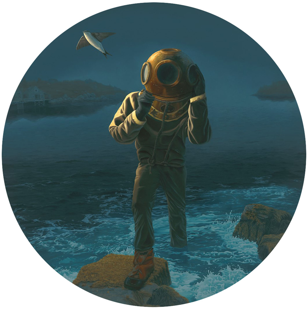 Oil painting of a diver under the sea with an old helmet and dive suit
