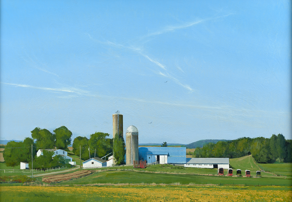 Oil painting of a farm with bright blue sky