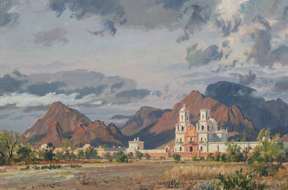 Oil painting of a mission building by red rock formations in the desert