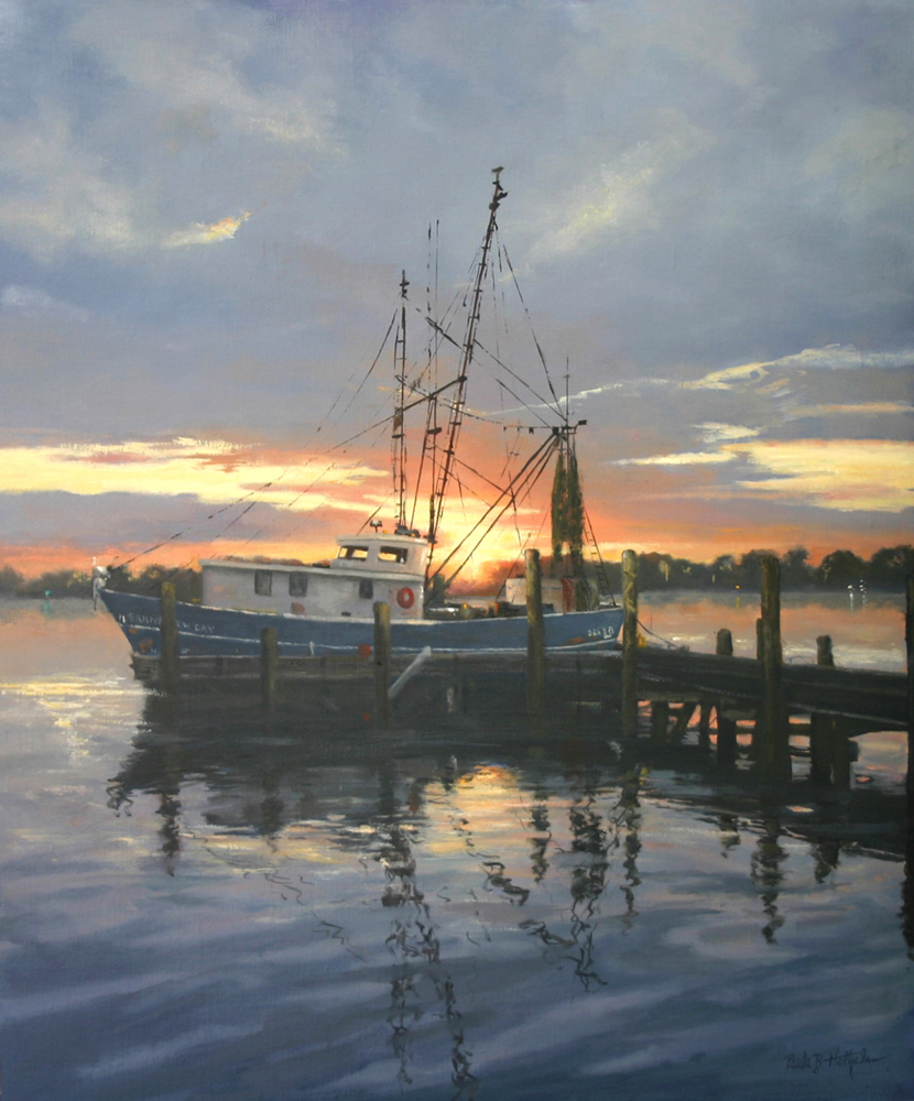Oil painting of a boat at the end of a dock