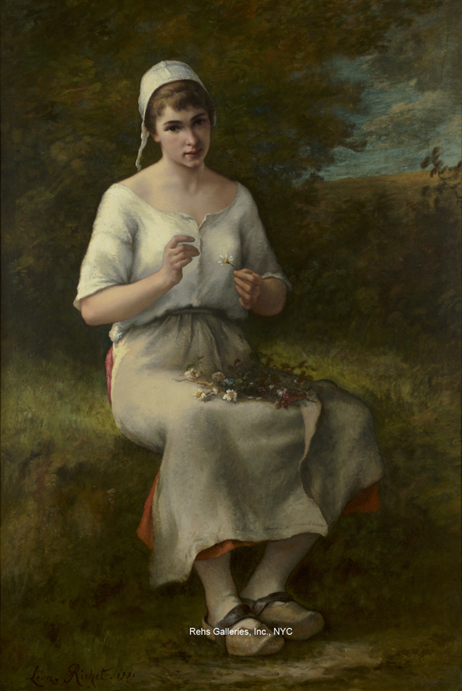 Oil painting of a seated woman in a white dress