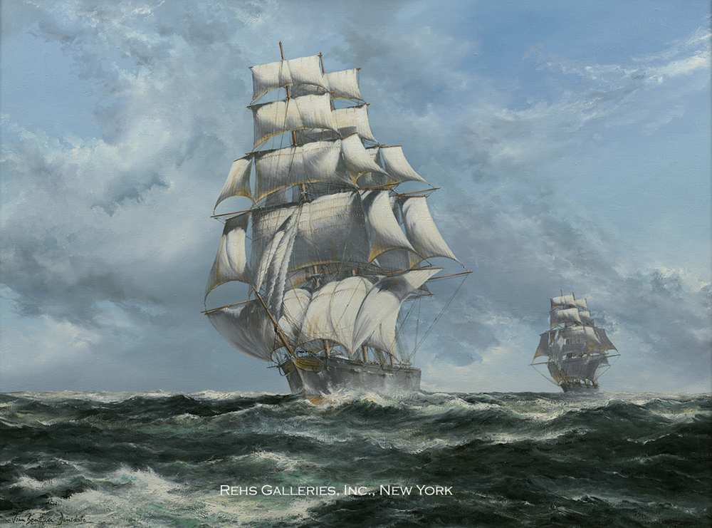 Oil painting of a sailing ship on rough seas