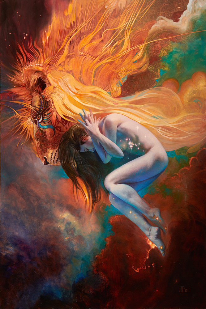 Oil painting of a naked woman floating in the lion nebula of space