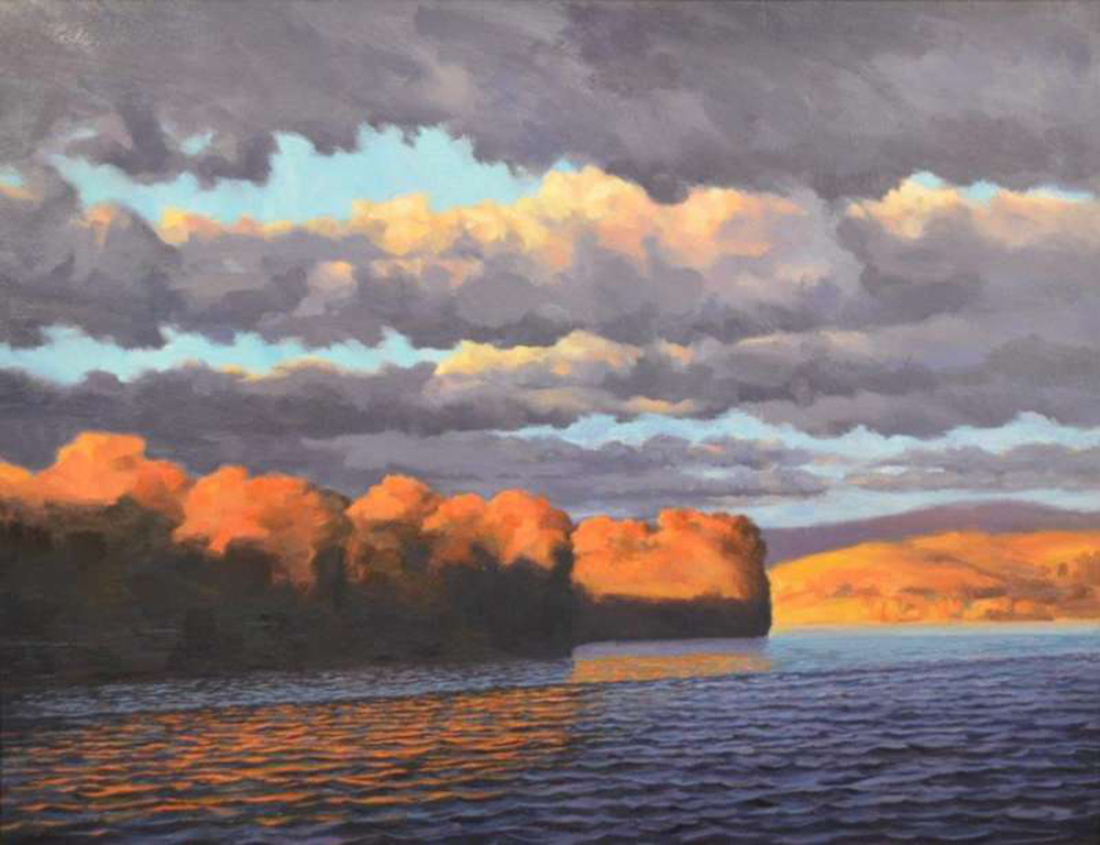 Oil painting of a river with fall trees and fluffy clouds