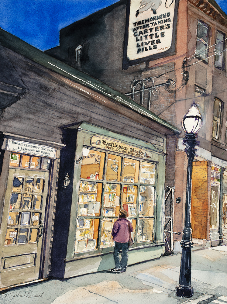 Watercolor and ink painting of a person looking in a store window at night on a city street