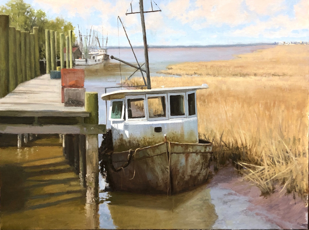 Oil painting of a boat at a dock