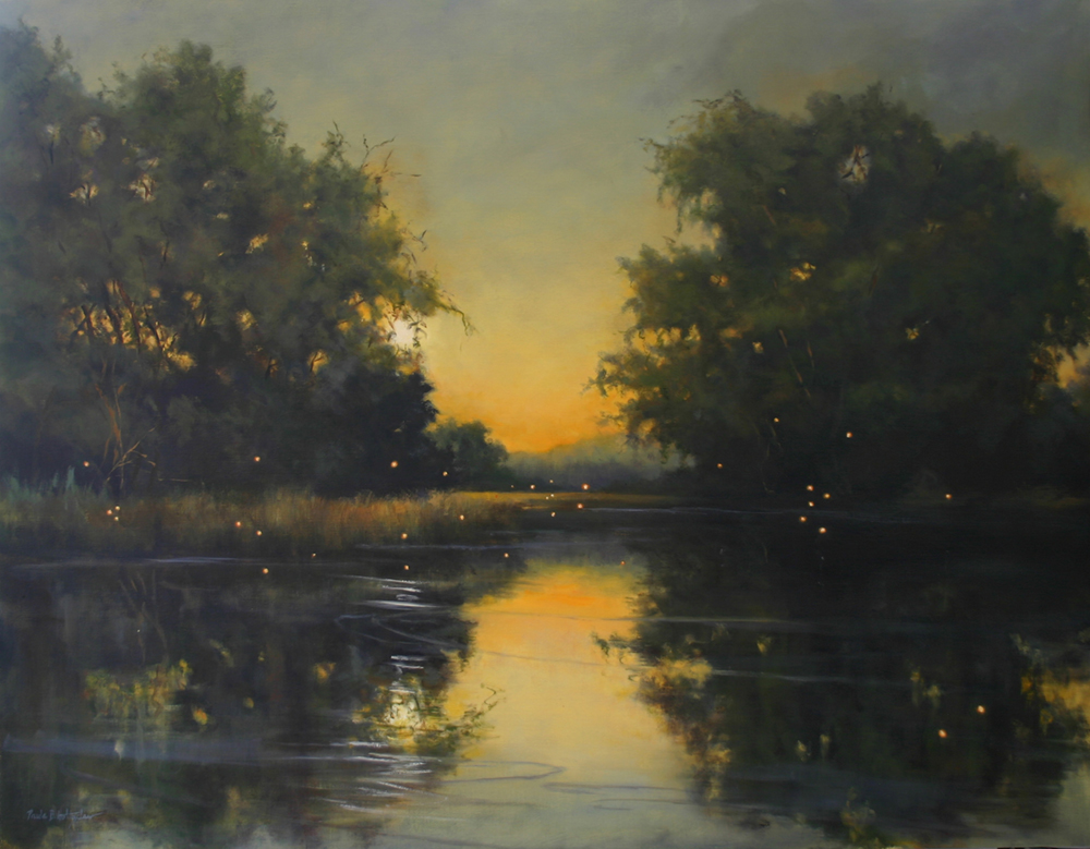 Oil painting of a lake with fireflies
