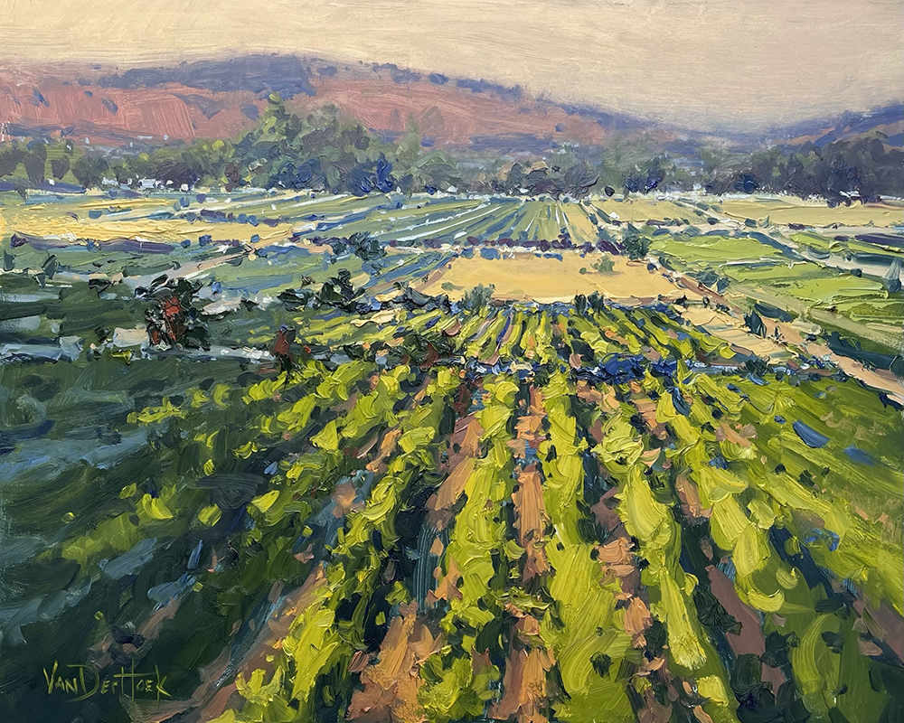 Oil painting of green fields with mountains in the background