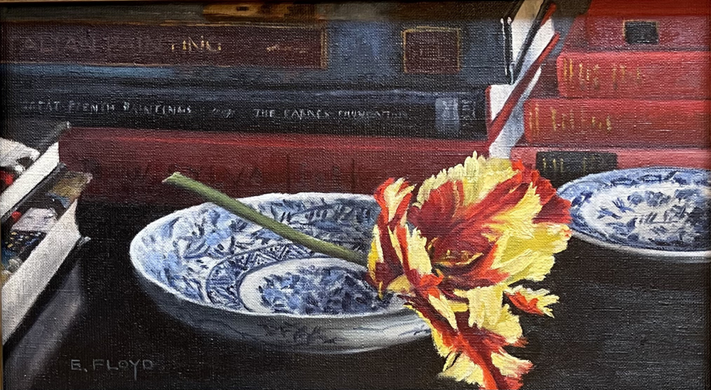 Oil painting of a flower, dishes and books