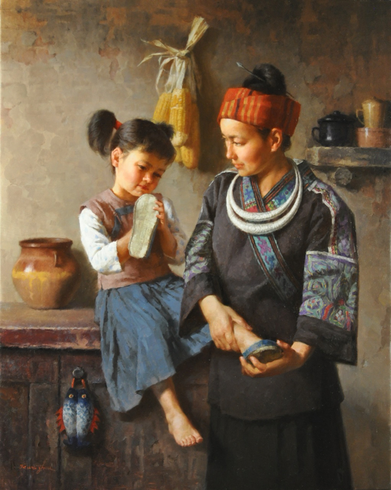 Oil painting of a mother putting new shoes on her young daughter