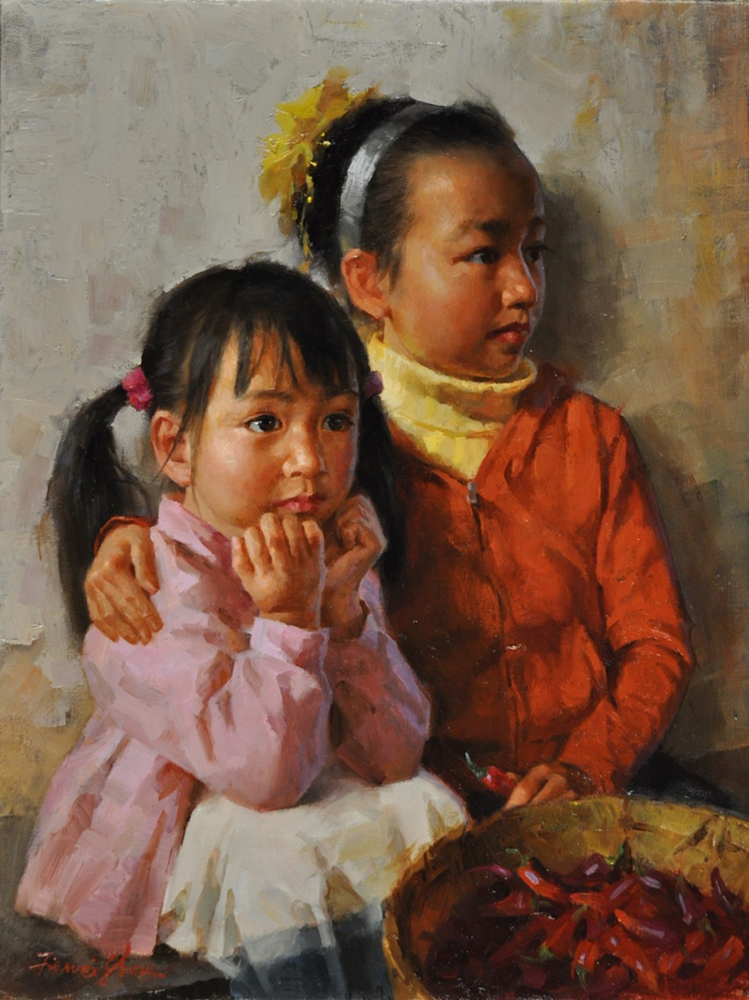 Oil painting of two young girls sitting together