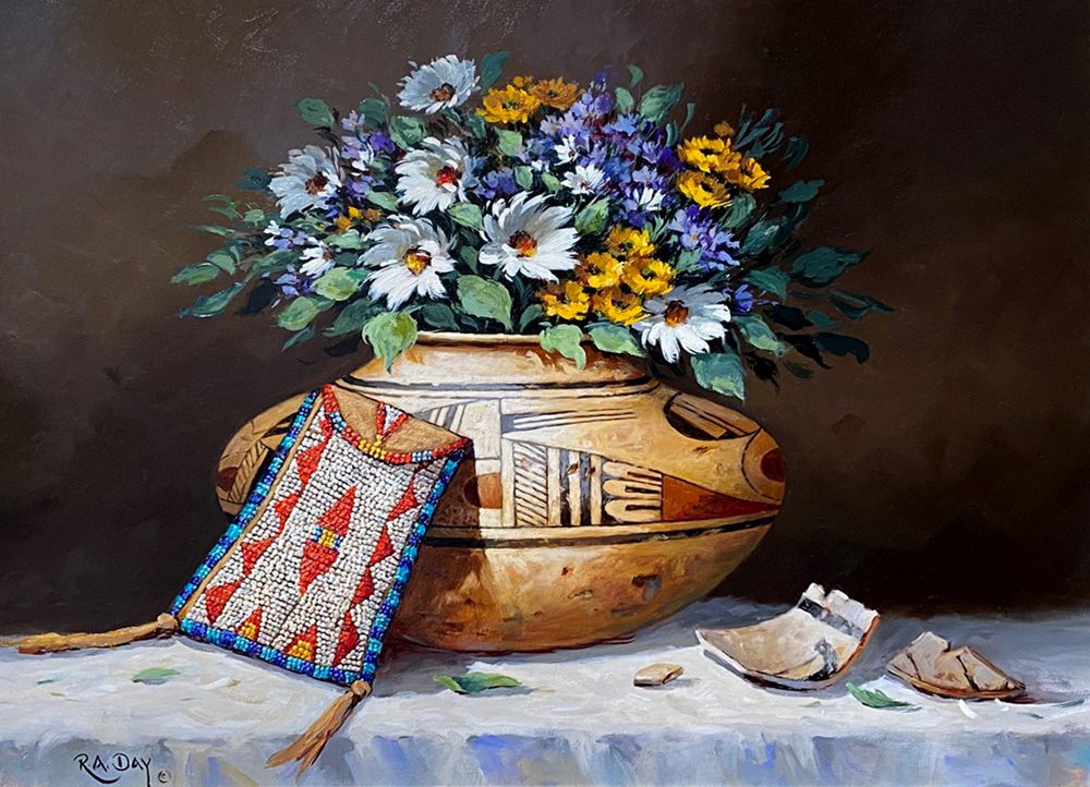 Oil painting of a native decorated bowl with flowers and a beaded bag