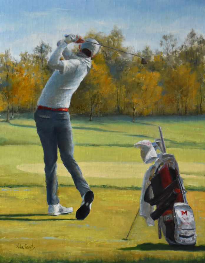 Oil painting of a man playing golf