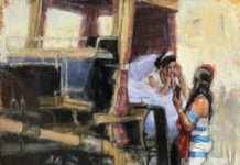 Featured Artwork: Shelby Keefe Oil painting of a woman visiting a bride in a carriage