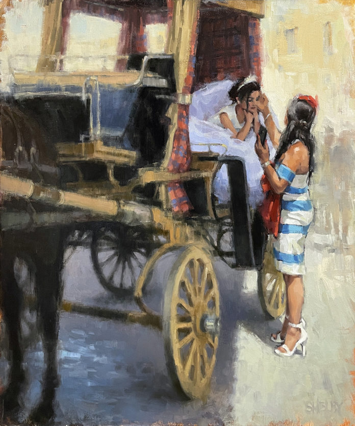 Oil painting of a woman visiting a bride in a carriage