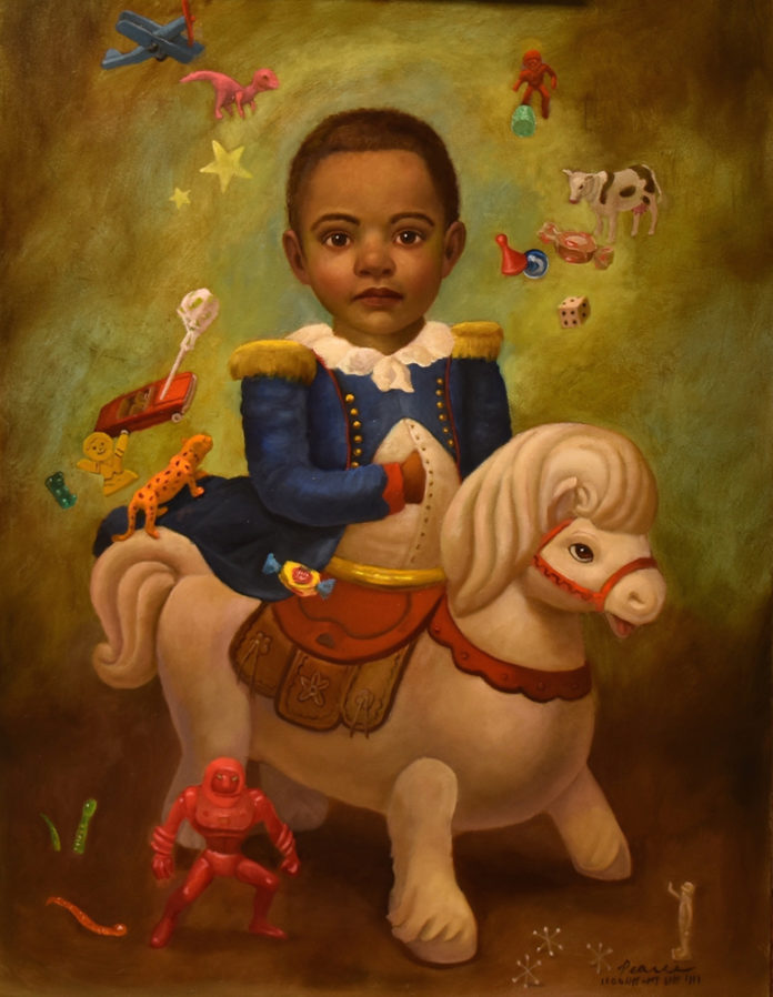 Oil painting of a little boy surrounded with his toys