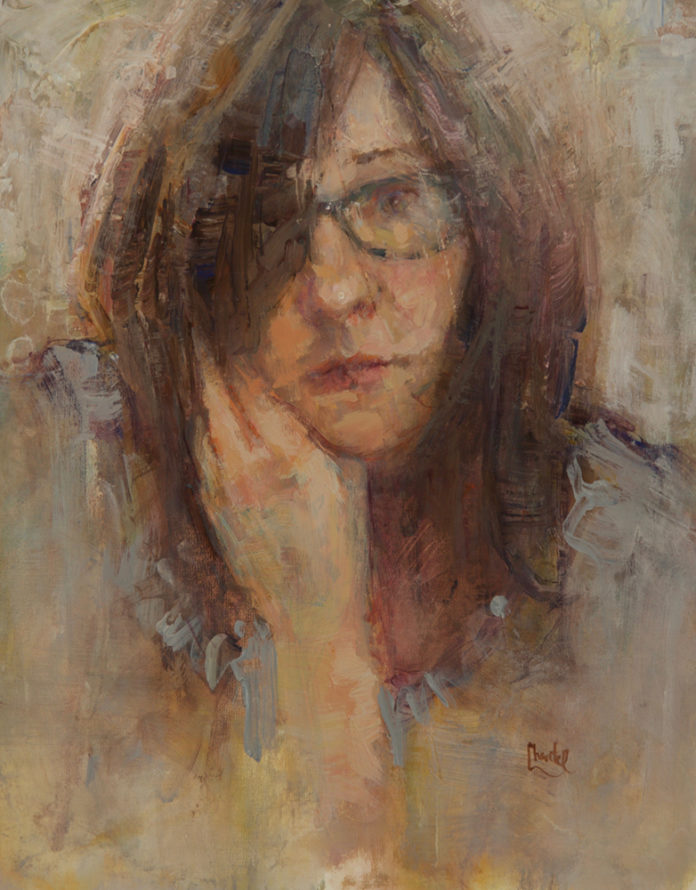 Acrylic self-portrait of a woman artist.