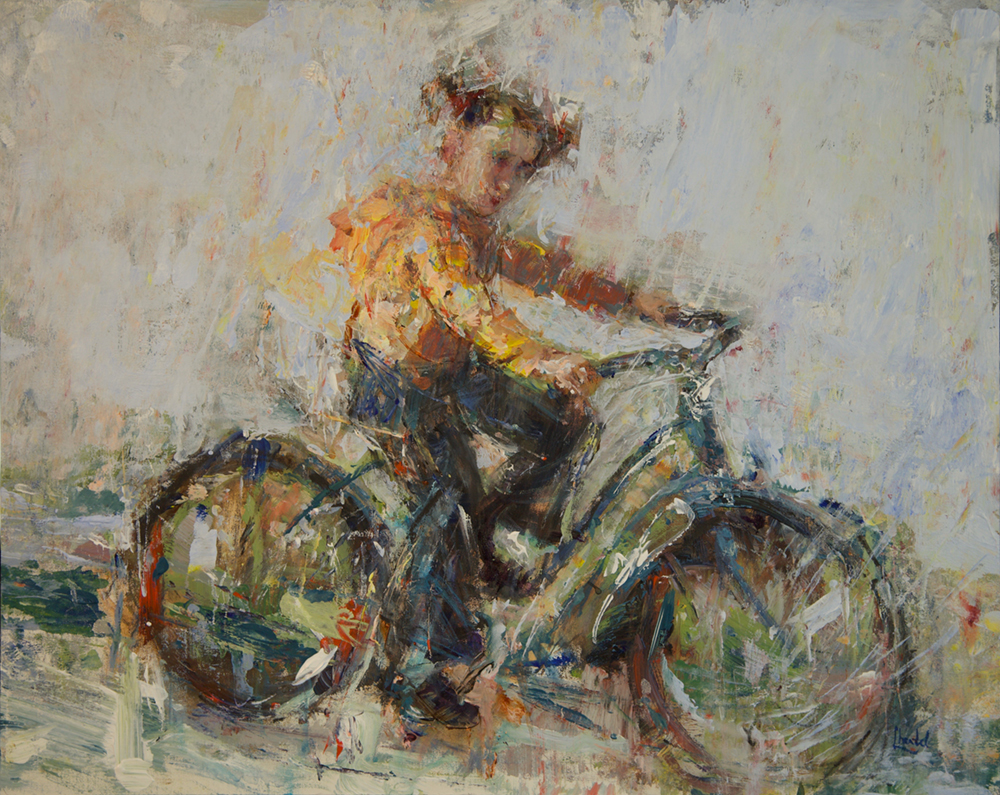 Acrylic painting of a young girl riding a bicycle