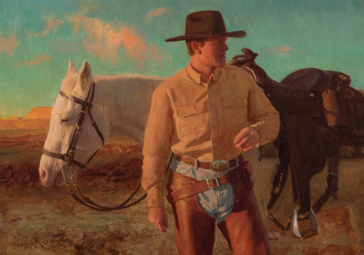 Western art cowboy paintings - Joshua LaRock, "A Sound in the Distance," oil, 10 x 14 in.