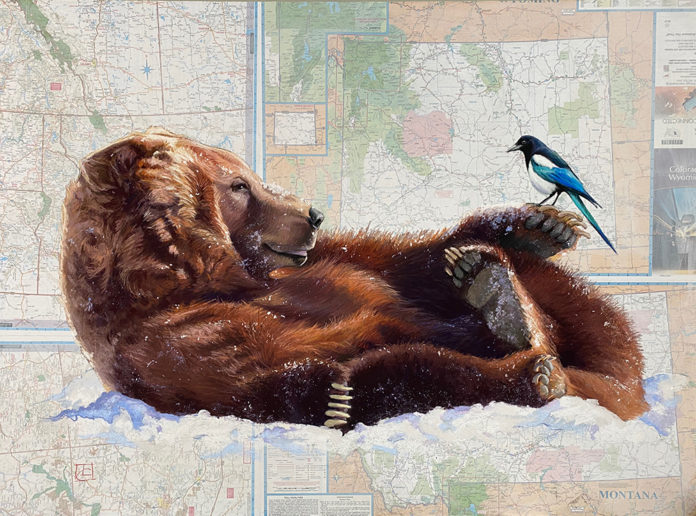 Pastel painting of a reclining bear with a magpie on its paw, painted on a state and national park map