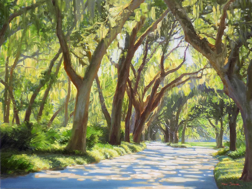 Oil painting of trees lining a road on both sides