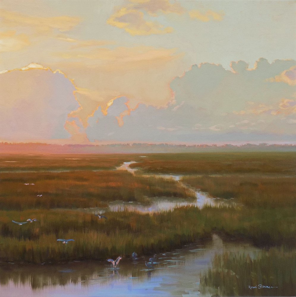 Oil painting of a landscape with marshlands and a cloudy sky with sun peeking through
