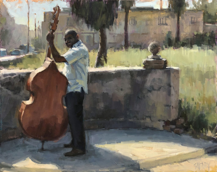 Oil painting of a man playing a cello in a park