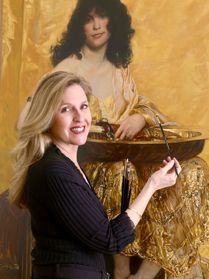 Female artist standing in front of a life-sized painting of a woman