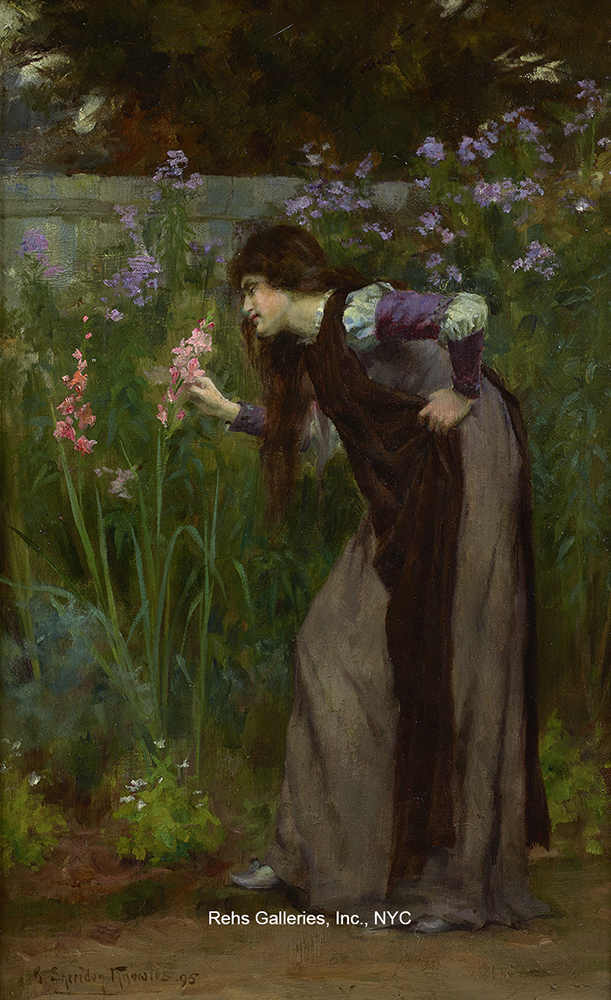 Oil painting of a lady in a long dress smelling tall flowers