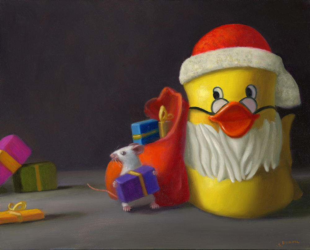 Oil painting of a yellow rubber ducky dressed as Santa with a mouse carrying packages
