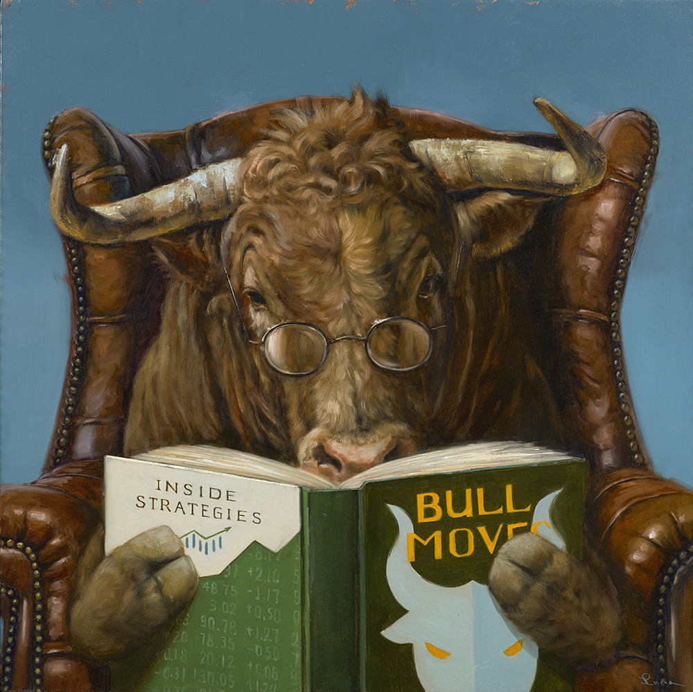 Oil painting of a bull reading a book