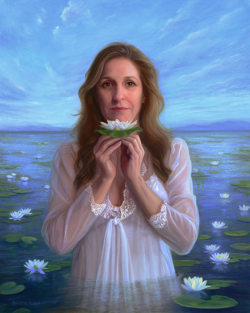 Oil painting of a woman holding a lotus flower