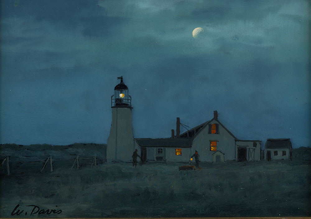 Oil painting of a lighthouse at night