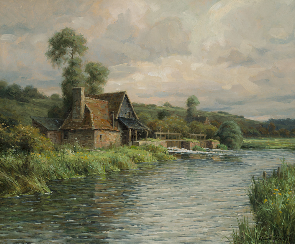 Oil painting of a brick home along a river