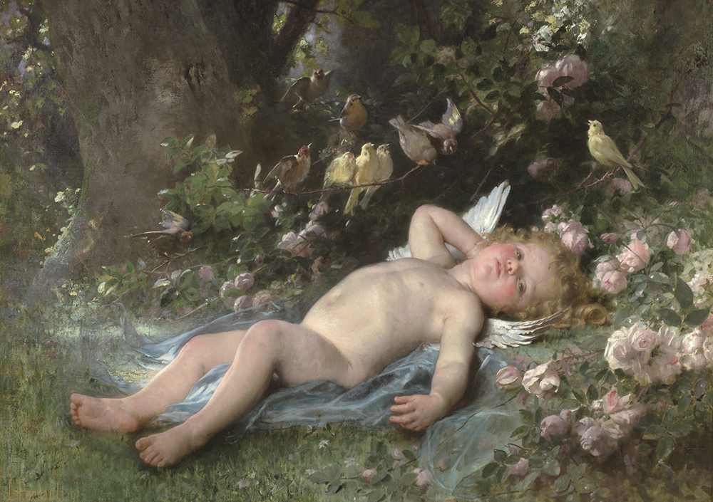 Oil painting of a cherub in a wooded area attended by birds