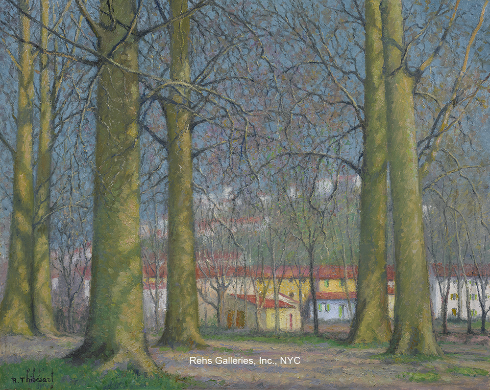 Oil painting of buildings through the trees