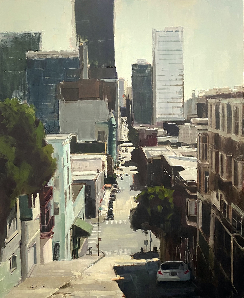 Oil painting of a city street