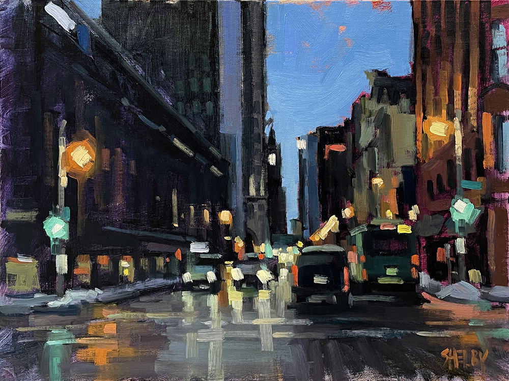 Oil painting of a city street at night