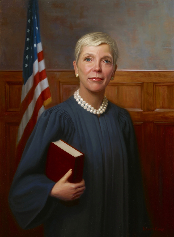 Oil painting of a female judge in her chambers