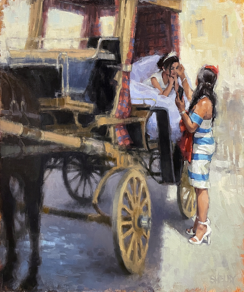 Oil painting of a bride on a carriage greeting a friend