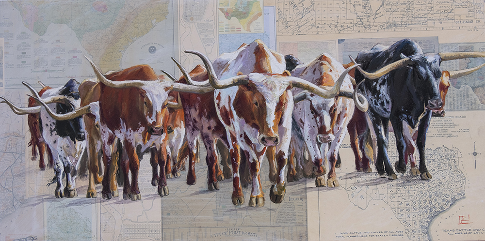 Pastel painting of several longhorn cows coming toward the viewer painted on a Texas state map