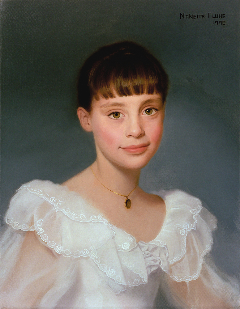 Oil painting of a young girl with a white lacy blouse