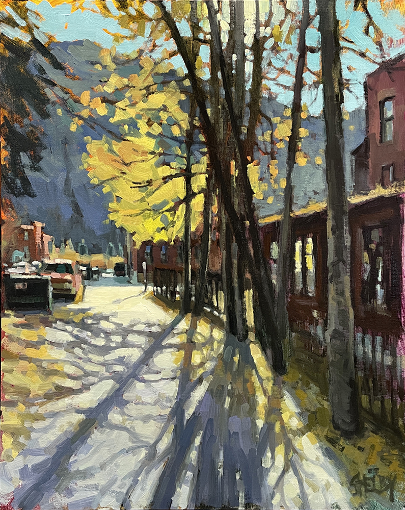 Oil painting of golden fall trees lining a city sidewalk