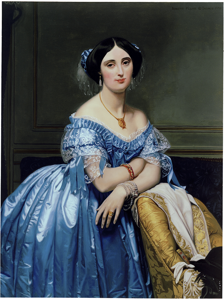 Oil painting of a woman in a blue dress